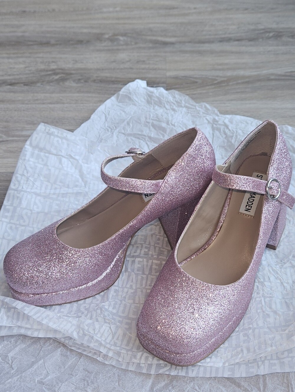 Steve Madden Pink Glitter Mary Jane Block Heels